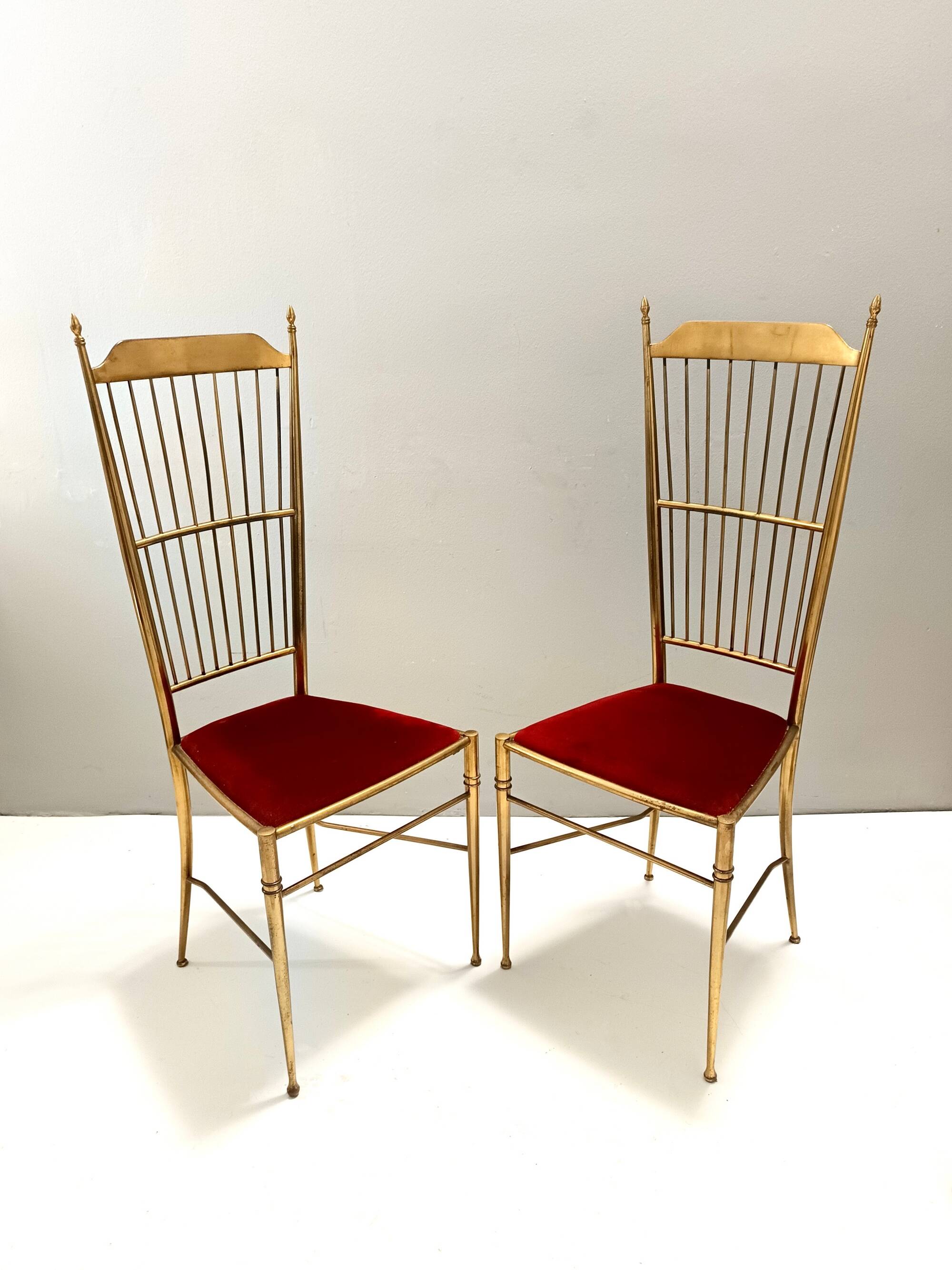 Pair of Vintage Brass and Red Velvet Chiavarine Chairs, Italy