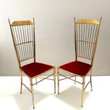 Pair of Vintage Brass and Red Velvet Chiavarine Chairs, Italy