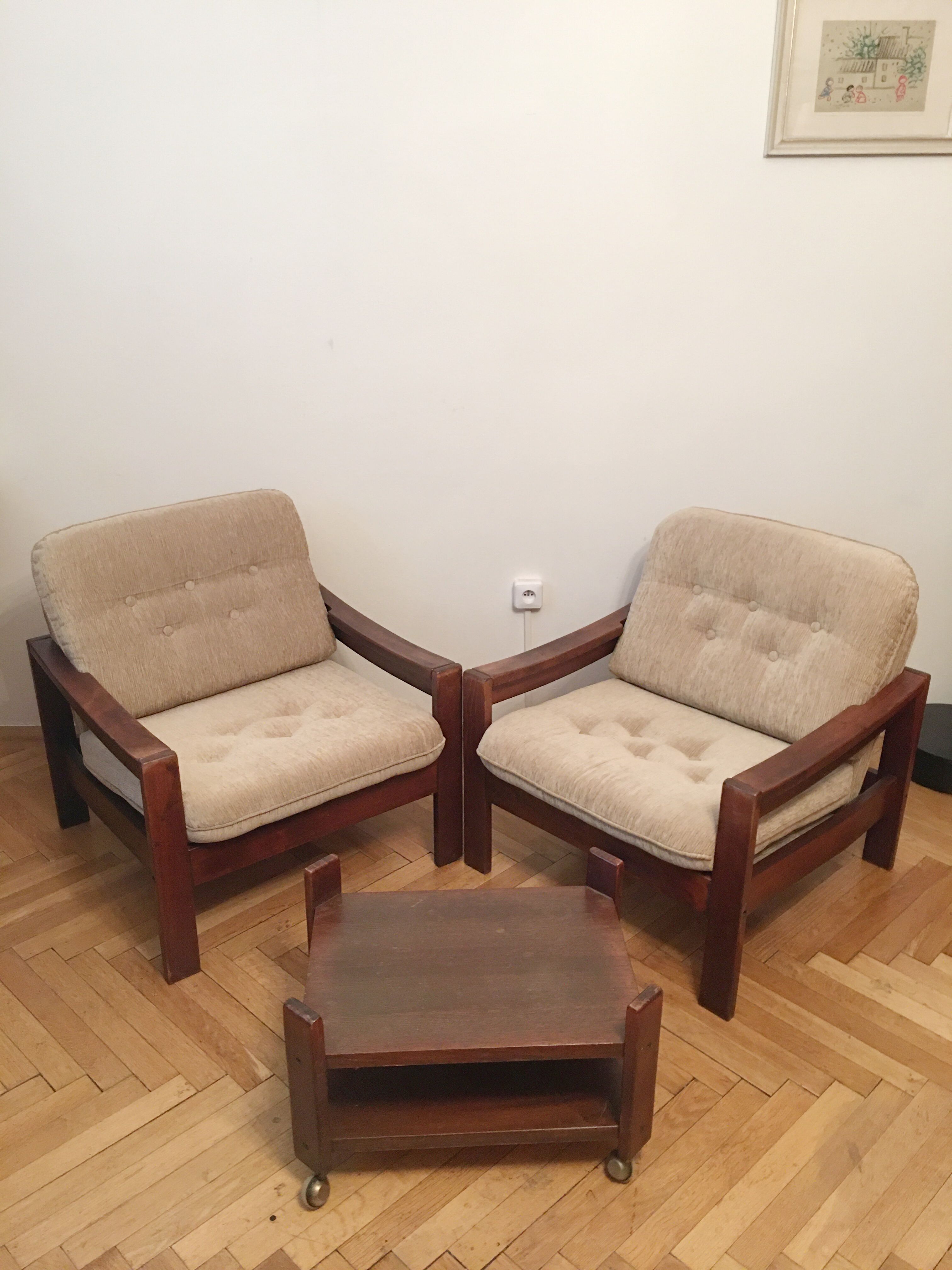 Brown vintage armchairs, 1960s, pair with one stool