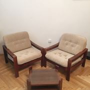 Brown vintage armchairs, 1960s, pair with one stool