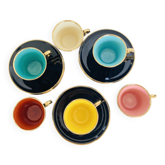 Set of 6 coffee cups in black earthenware and color and gold vintage tableware