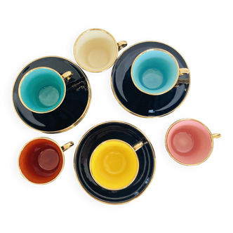 Lot de 6 tasses à café en faïence noire et couleur et or art de la table vintage