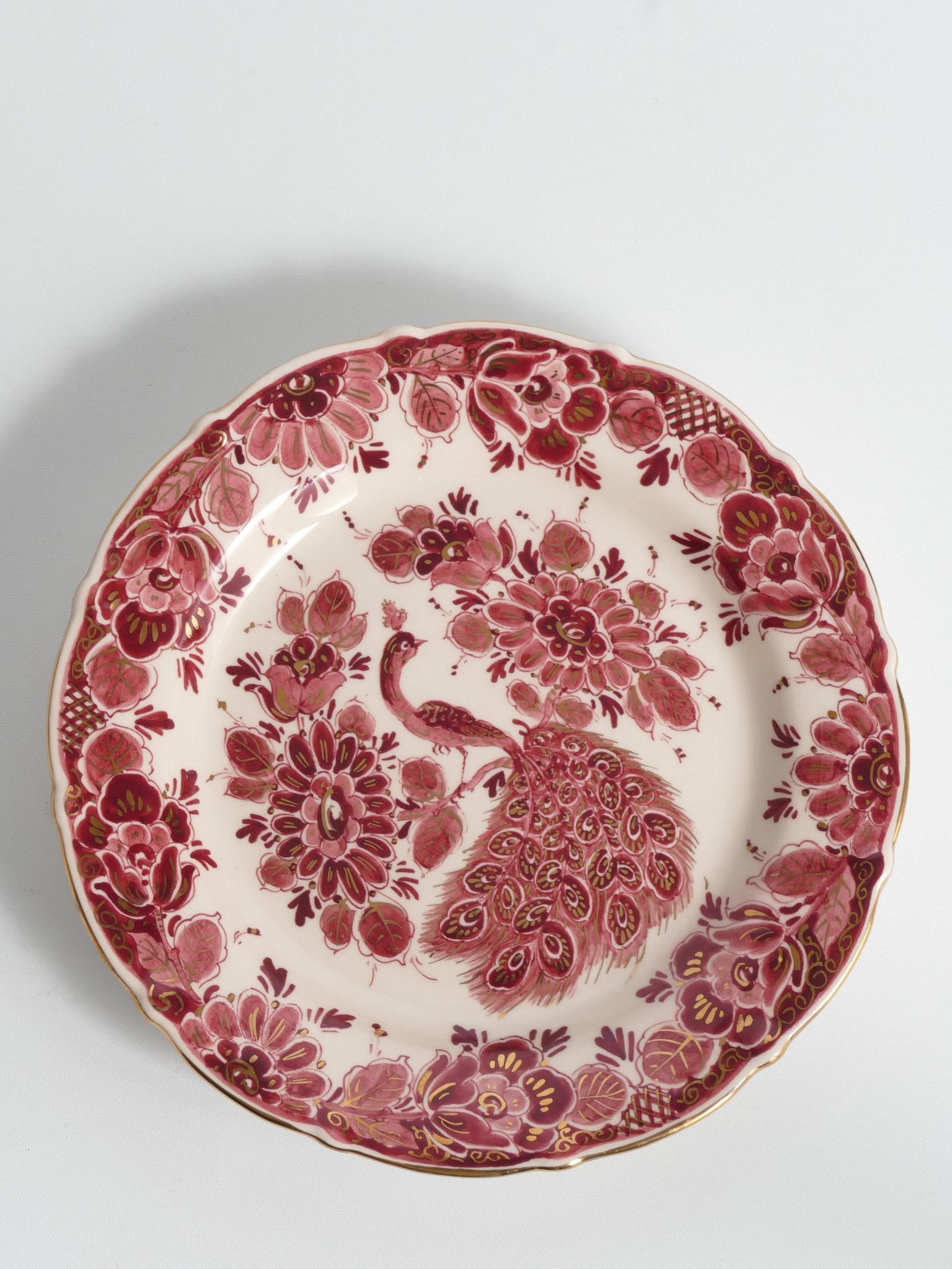Regina Gouda Delft Hand-Painted Plate Red Peacock & Floral Motif Holland, 1950s