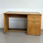 Vintage bamboo and woven rattan desk — glass top