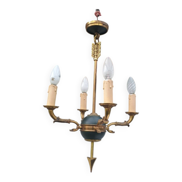 Suspension lustre Swan et flèche antique à 4 lumières en laiton France 1950 — Beyit