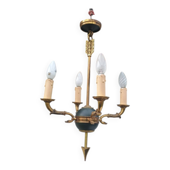 Antique brass 4-light suspension chandelier Swan and arrow, France 1950.