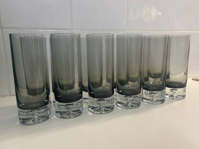 Set of black smoked glasses with large bubbles from the 1970s.