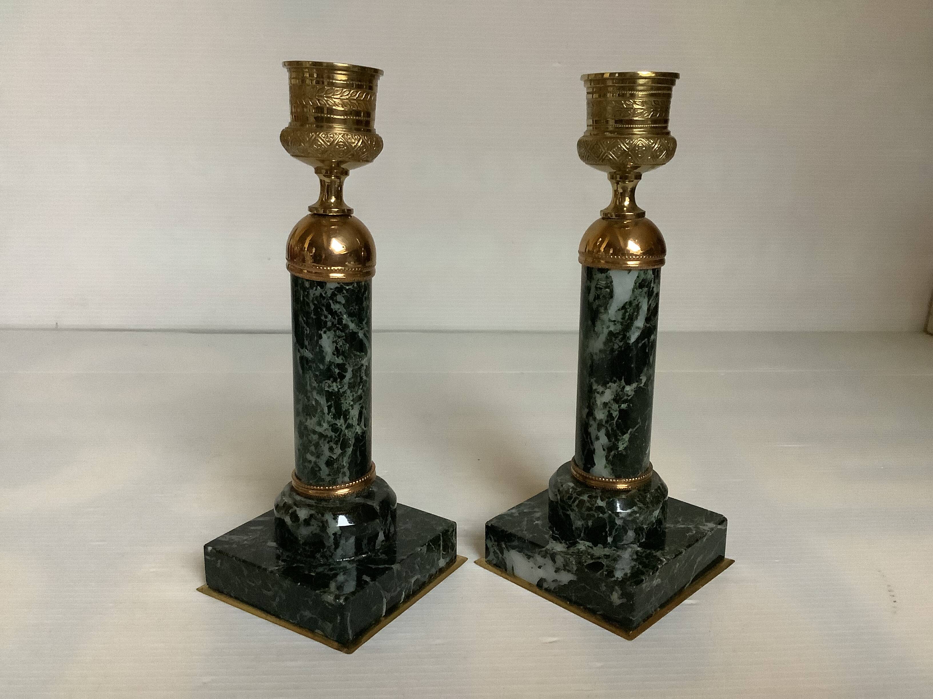 Pair of green marble and brass column candlesticks