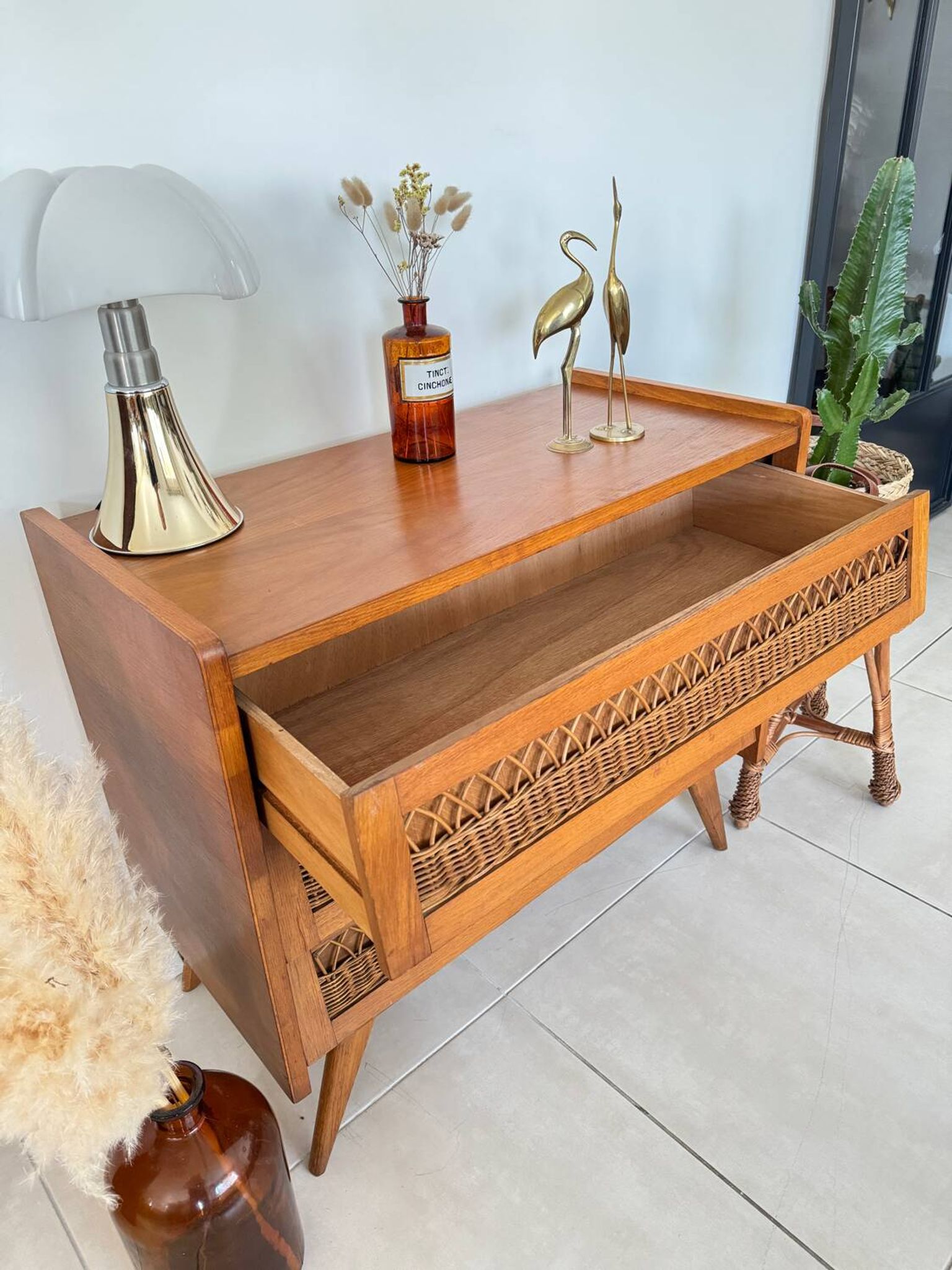 Commode bois et rotin vintage