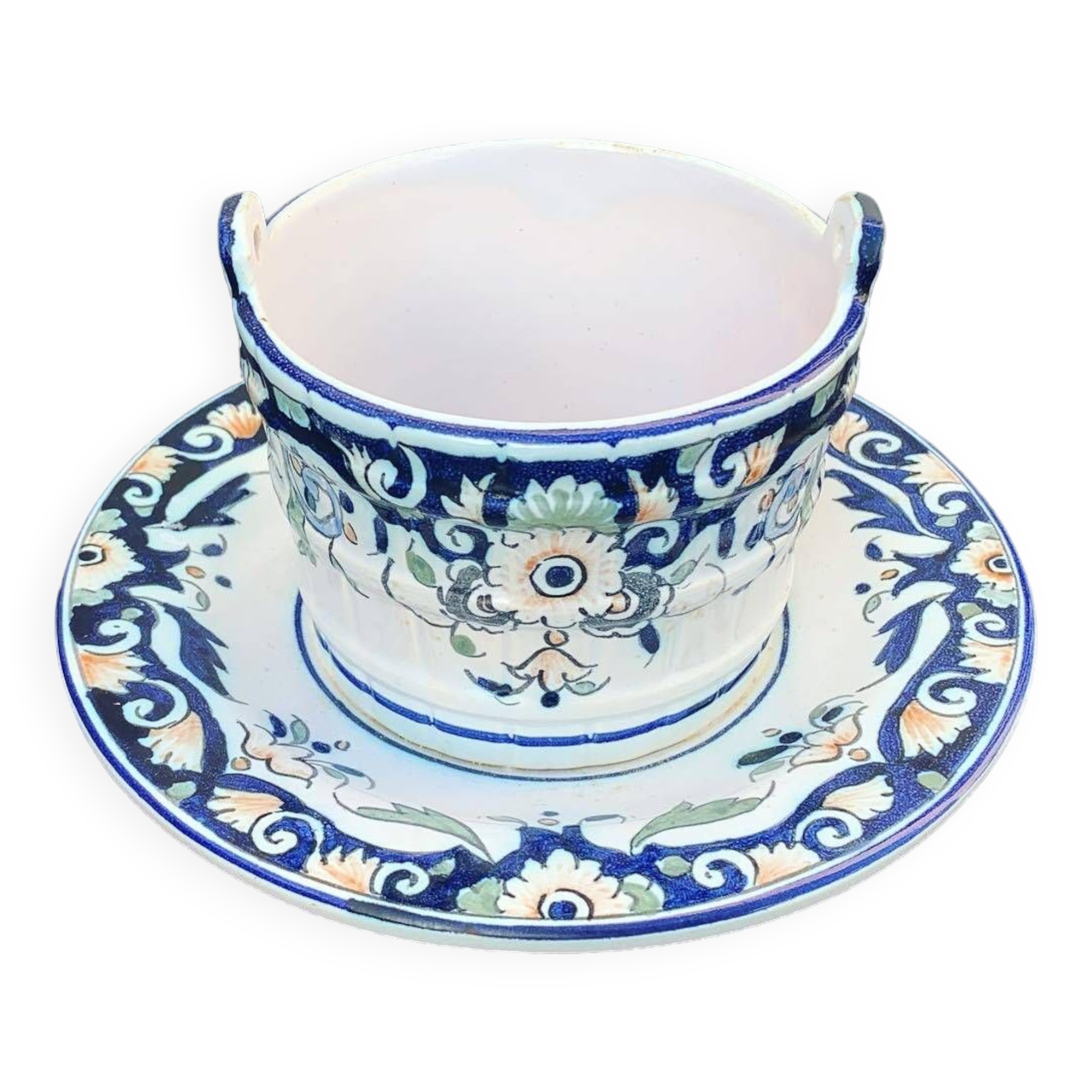 Butter dish, sauce pot in Old Rouen earthenware, handmade, made in France, floral pattern, vintage