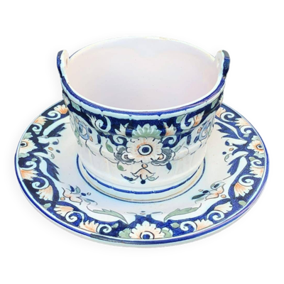 Beurrier, sauciere en faience Vieux Rouen, fait main, made in france, motif floral, vintage
