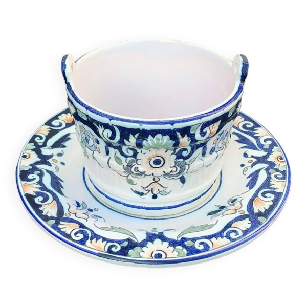 Beurrier, sauciere en faience Vieux Rouen, fait main, made in france, motif floral, vintage