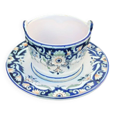 Butter dish, sauce pot in Old Rouen earthenware, handmade, made in France, floral pattern, vintage