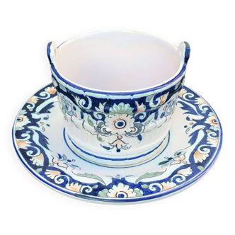 Beurrier, sauciere en faience Vieux Rouen, fait main, made in france, motif floral, vintage