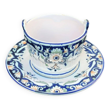 Butter dish, sauce pot in Old Rouen earthenware, handmade, made in France, floral pattern, vintage