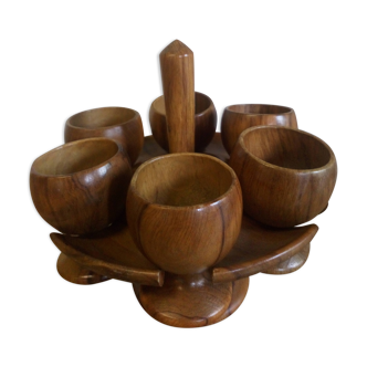 Six coquetiers en bois tourné sur leur presentoir