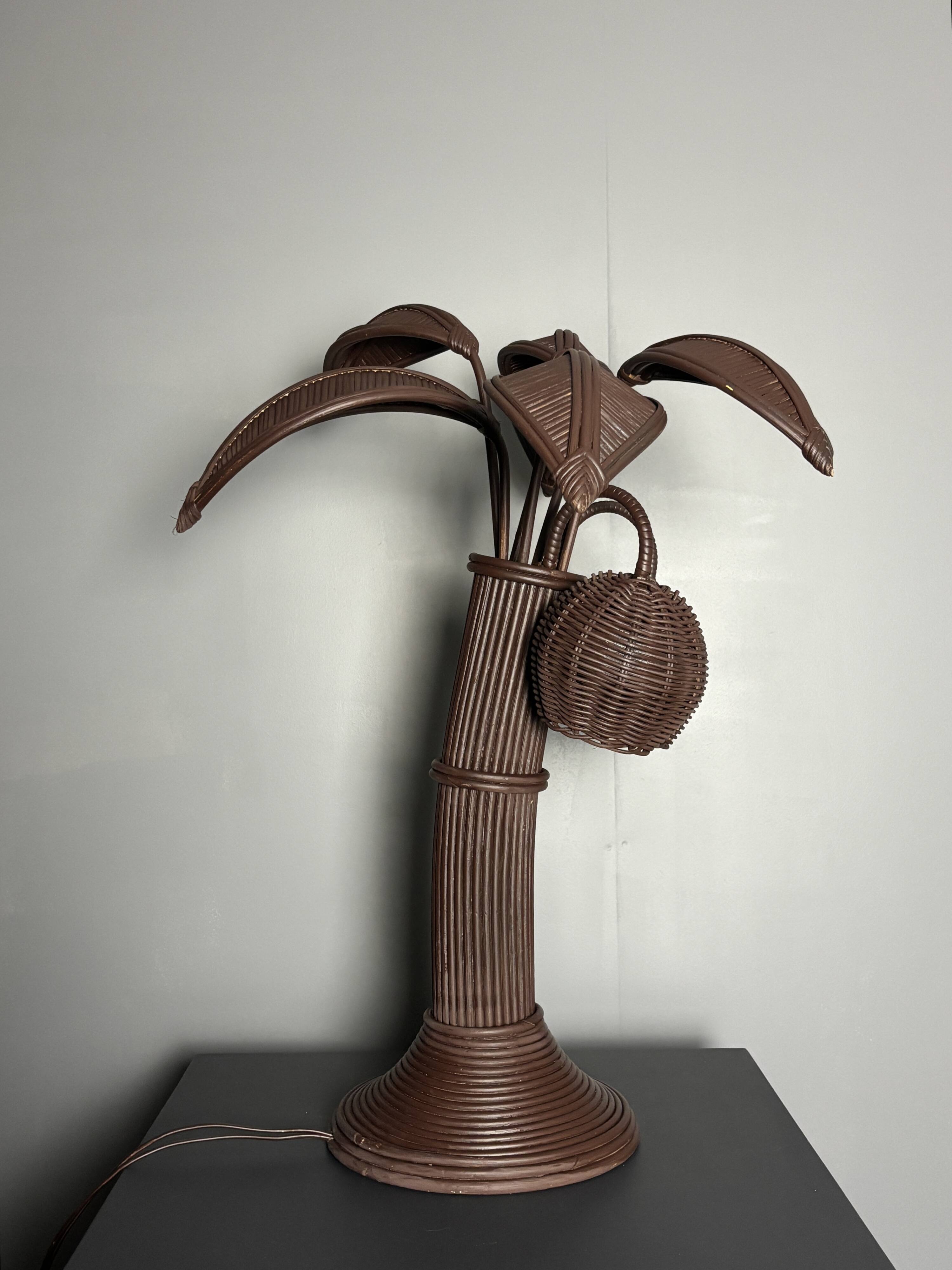 Pencil reed rattan bamboo palm tree coconut table lamp Maro Lopez style 70s