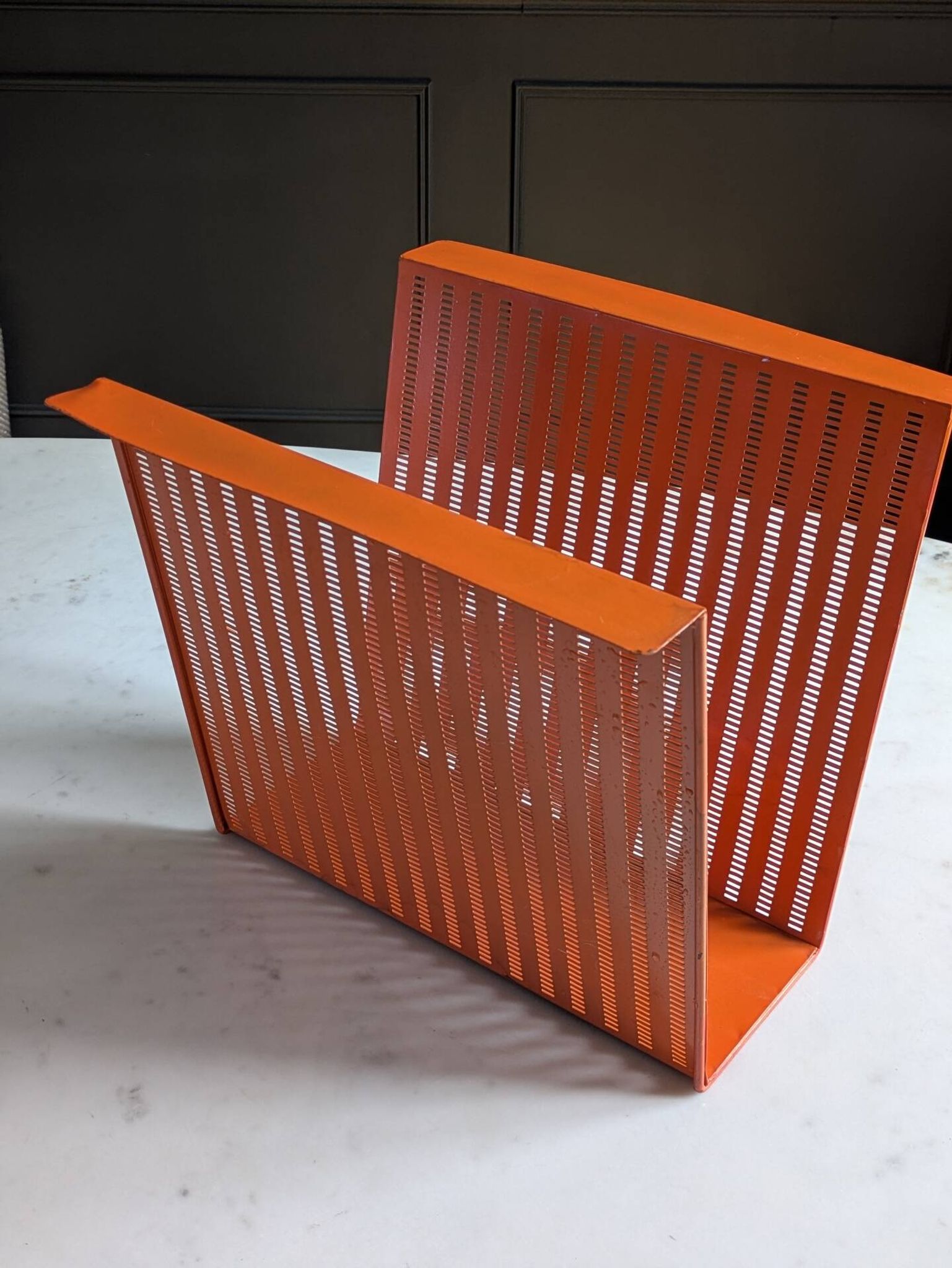 Vintage metal magazine rack in perforated orange/Mathieu Mategot style/70s