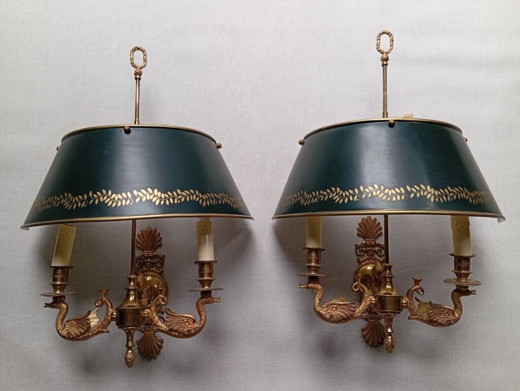 Pair of bronze and sheet metal hot water bottle wall lights