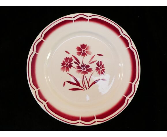 6 assiettes plates en faience de badonviller fb fenal freres décor fleur rouge