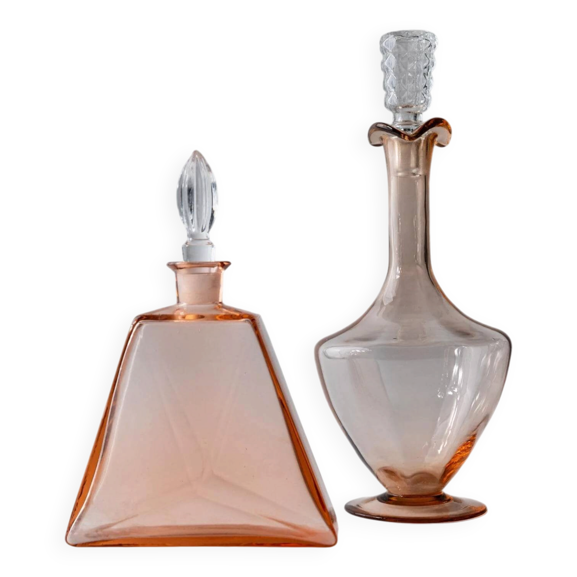 Ensemble de 2 carafes vintage en verre de Murano des années 1940, verre Rosalin avec bouchons