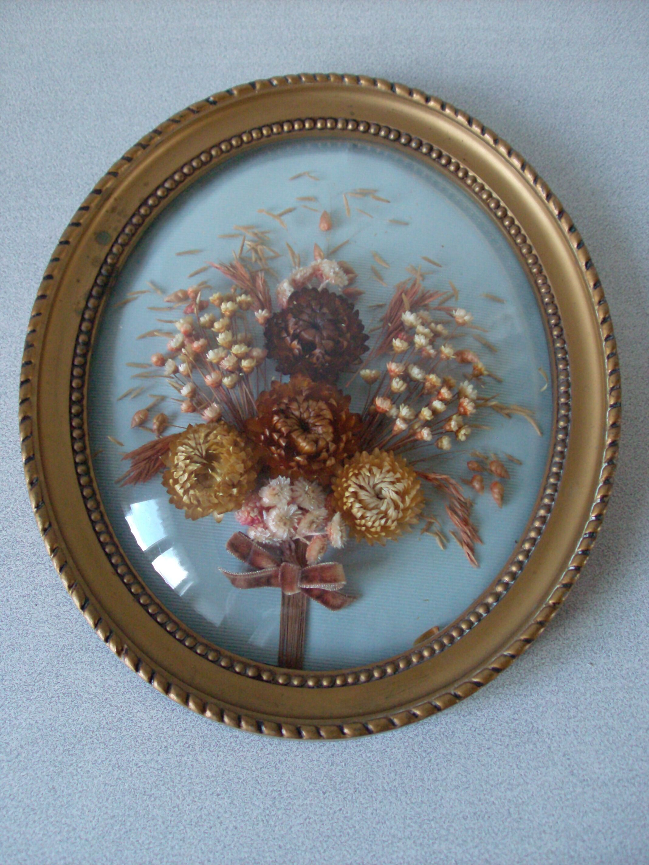 Old frame medallion bouquet of dried natural flowers domed glass 27.9 cm