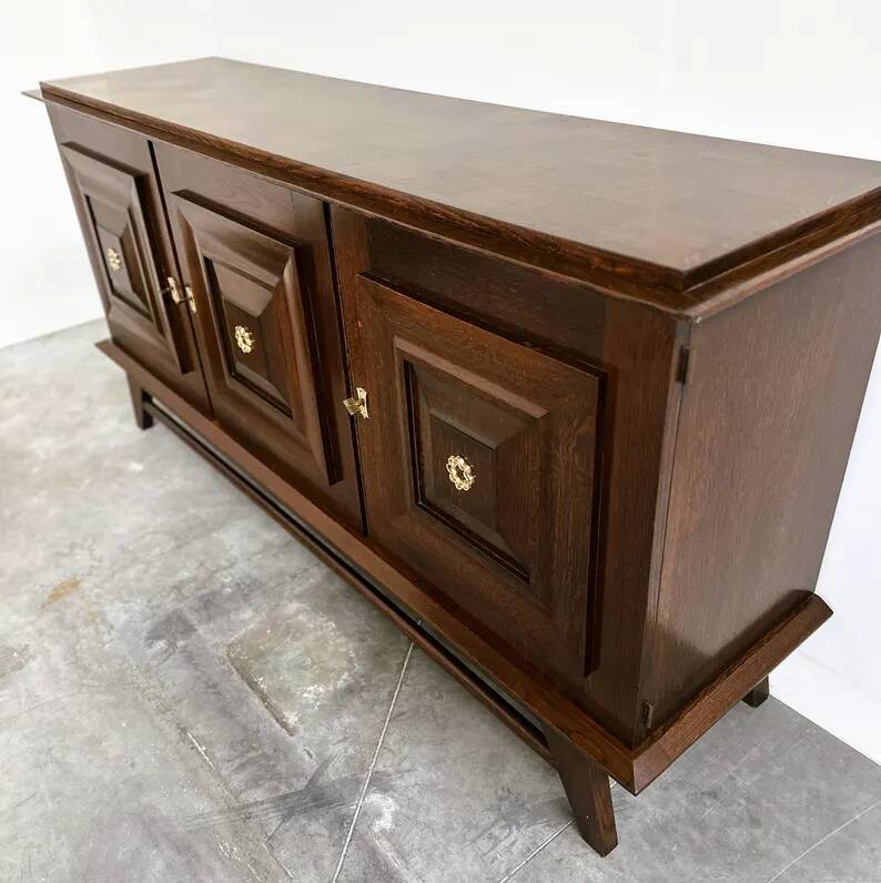 Vintage oak buffet in brutalist style with geometric panel doors, Belgium, 1960s