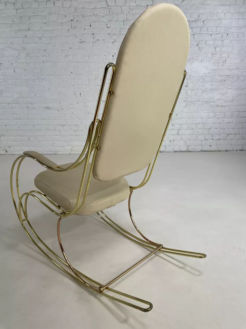 60s rocking chair in brass and ecru faux leather