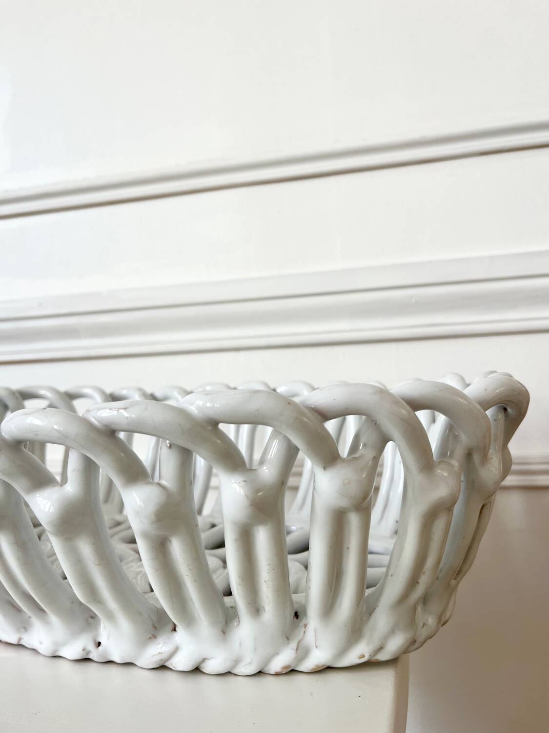 Woven white ceramic fruit bowl