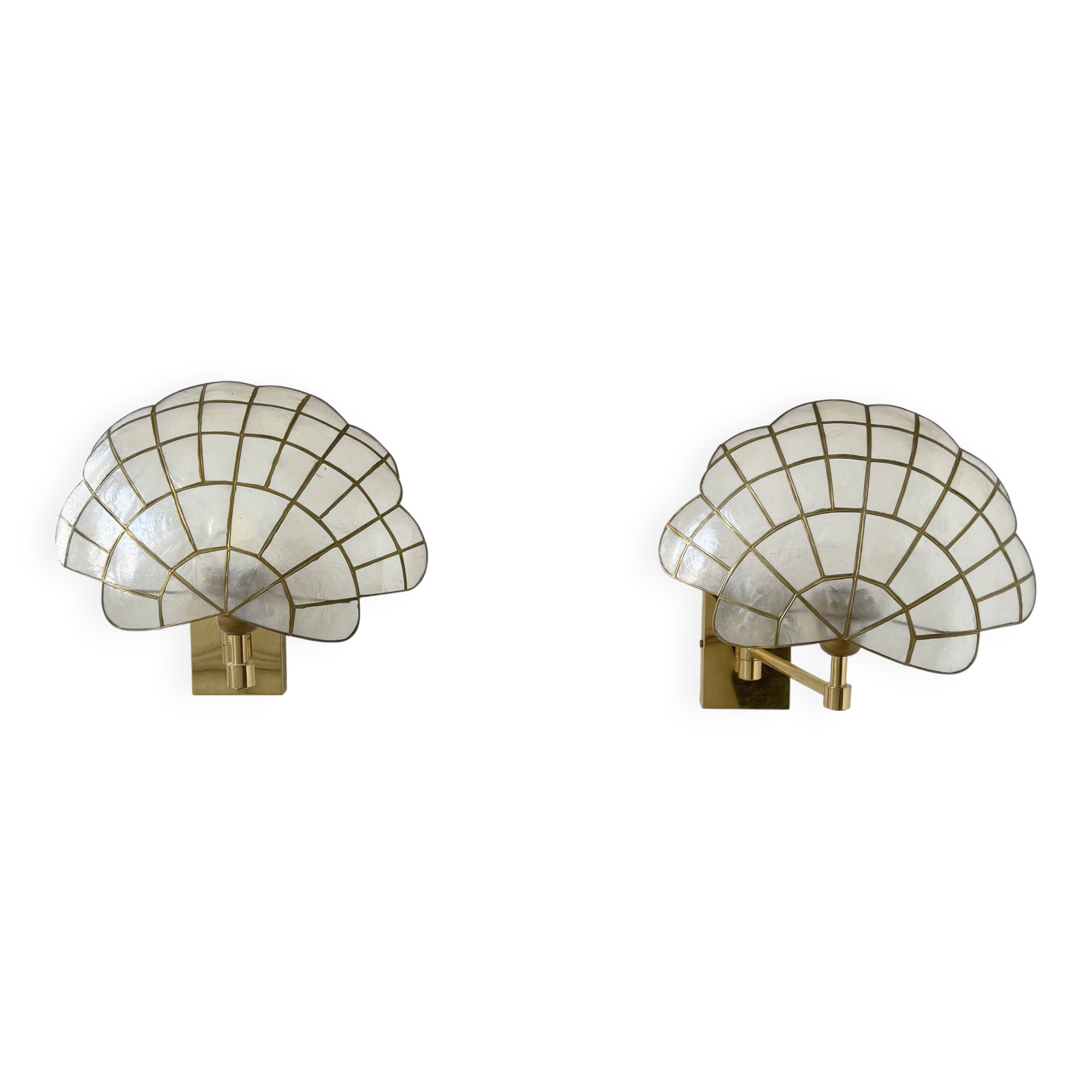 Pair of adjustable vintage wall lights, brass and mother-of-pearl, France, 1980.