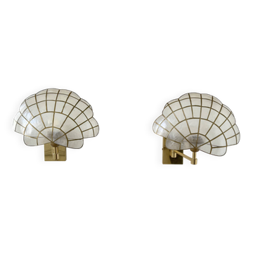 Paire d'appliques vintage orientable, laiton et nacre, France, 1980