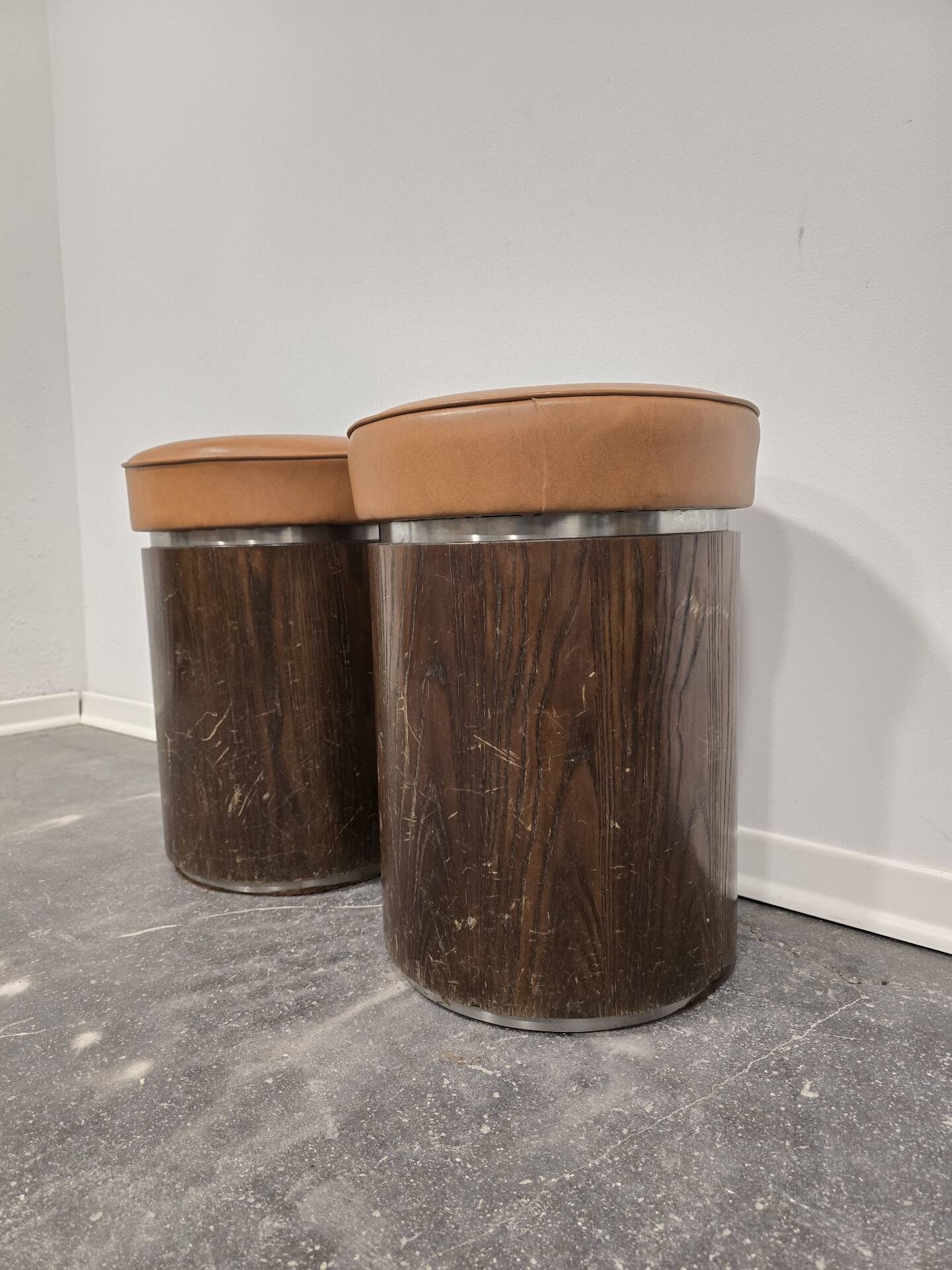 1970s Vintage Wooden Stool – Faux Leather Cushion & Aluminium Trim