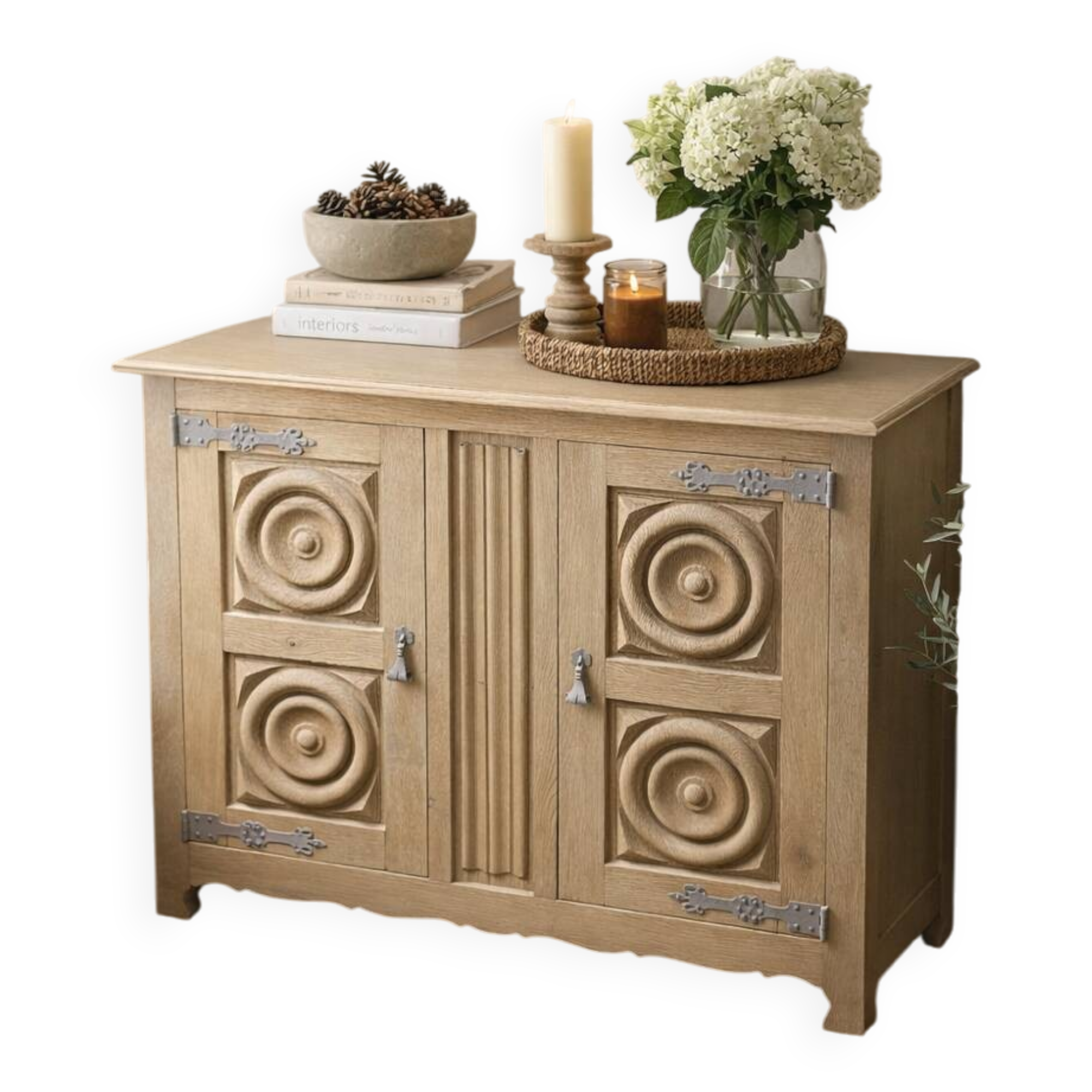 Low furniture in sanded/shot-blasted solid oak - Breton style