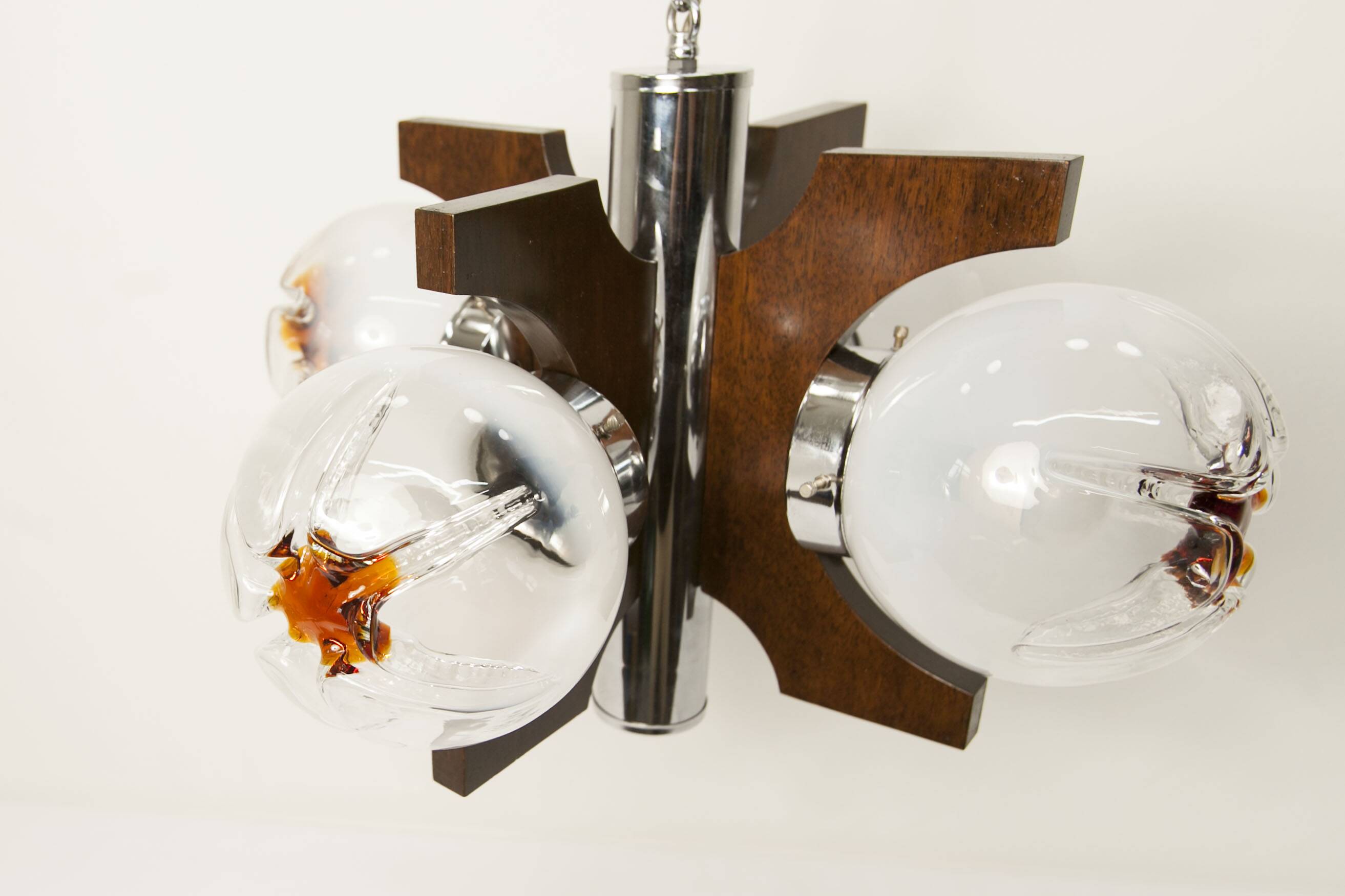 Mazzega Murano chandelier with 4 balls and teak, 1960