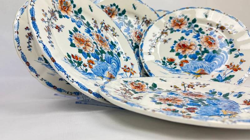 Set of 6 Gien flat plates with rooster and peony decoration, earthenware, 1875