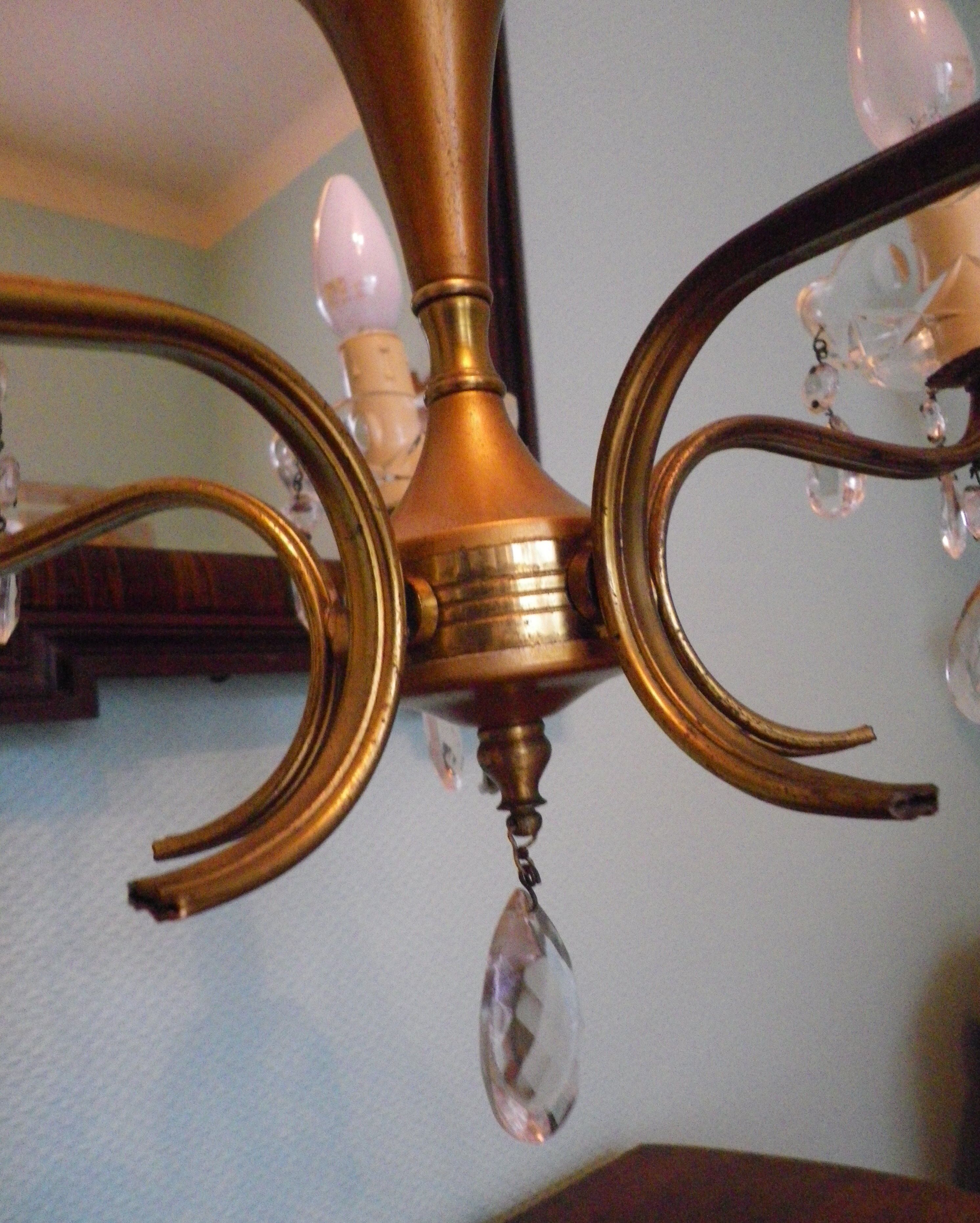 Suspension 5 lights, gold metal, glass cups with glass grapevines