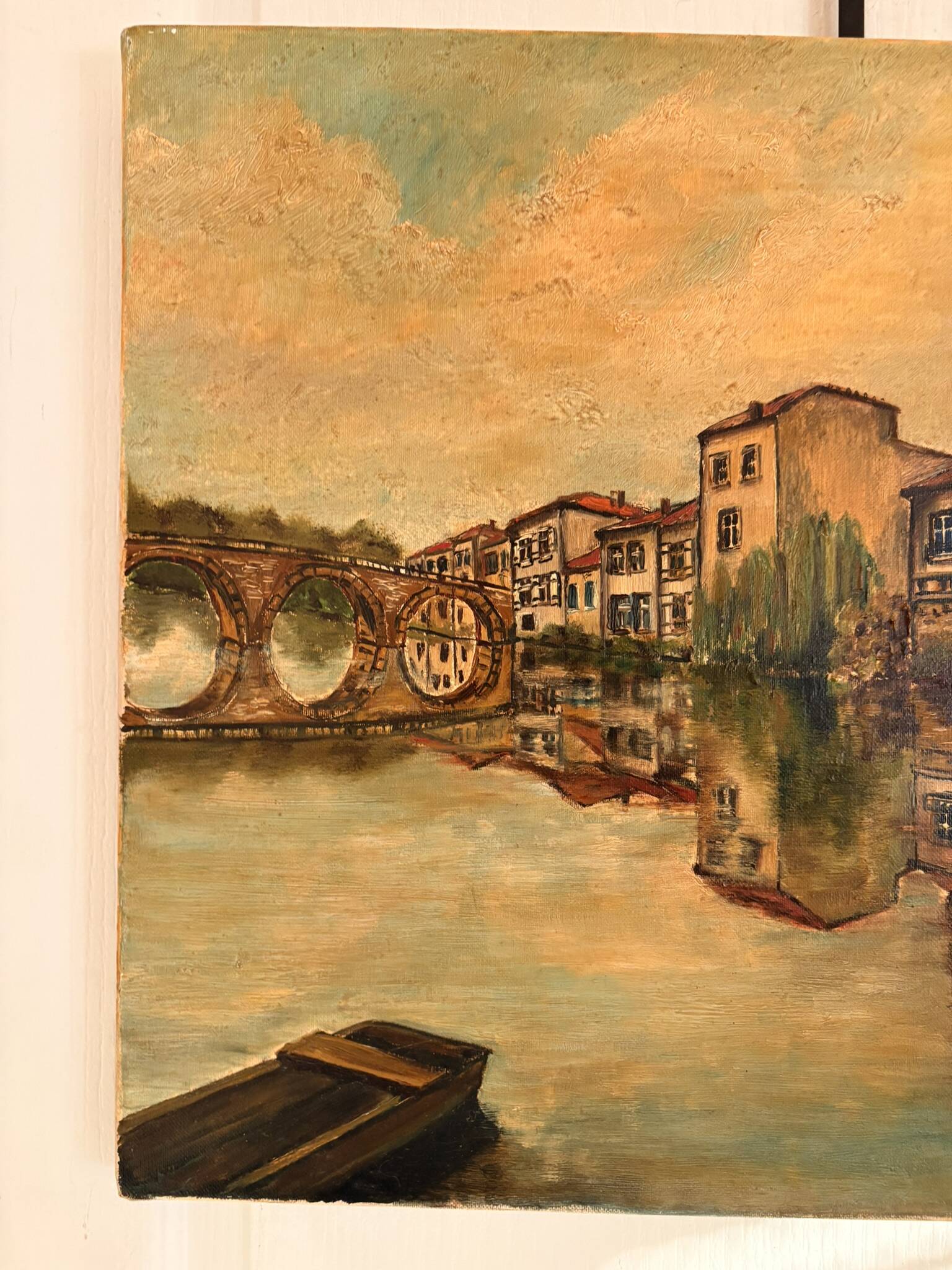 Old Oil Painting Canvas Linen River Church Village Bridge Signed D