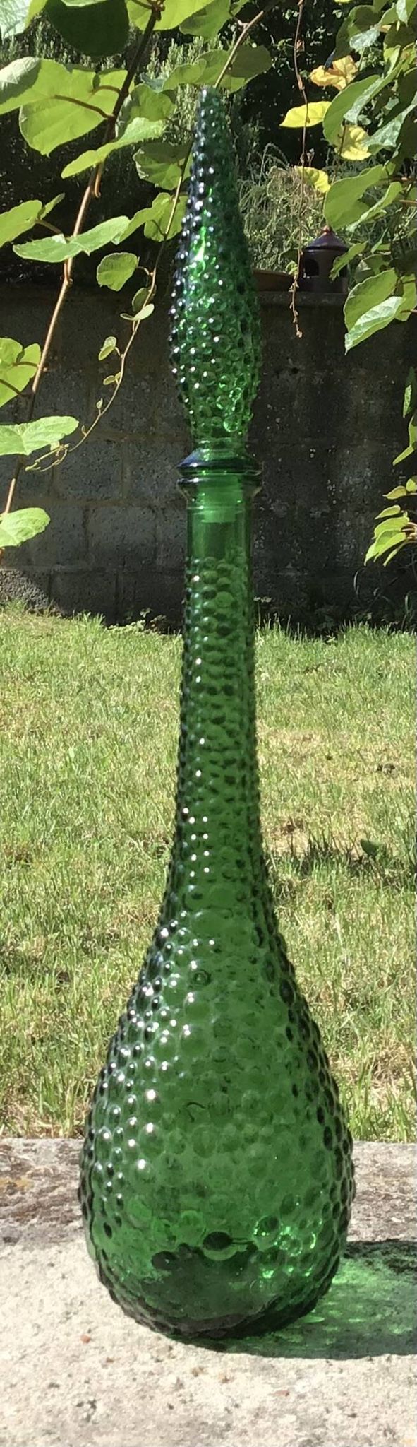 Large green Genie Empoli bubble glass bottle, Italy 1960s