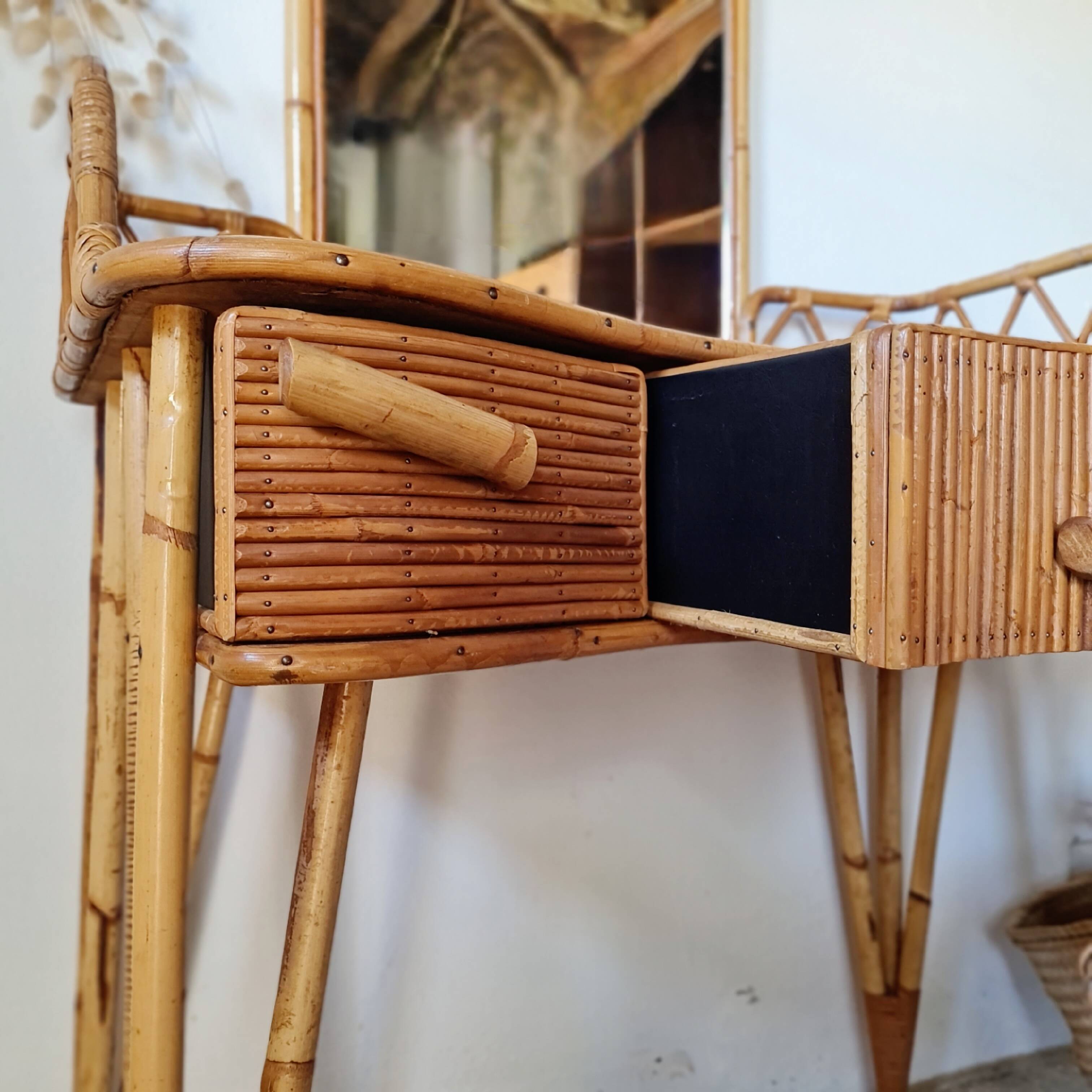 Rattan and bamboo dressing table with mirror – 1960s