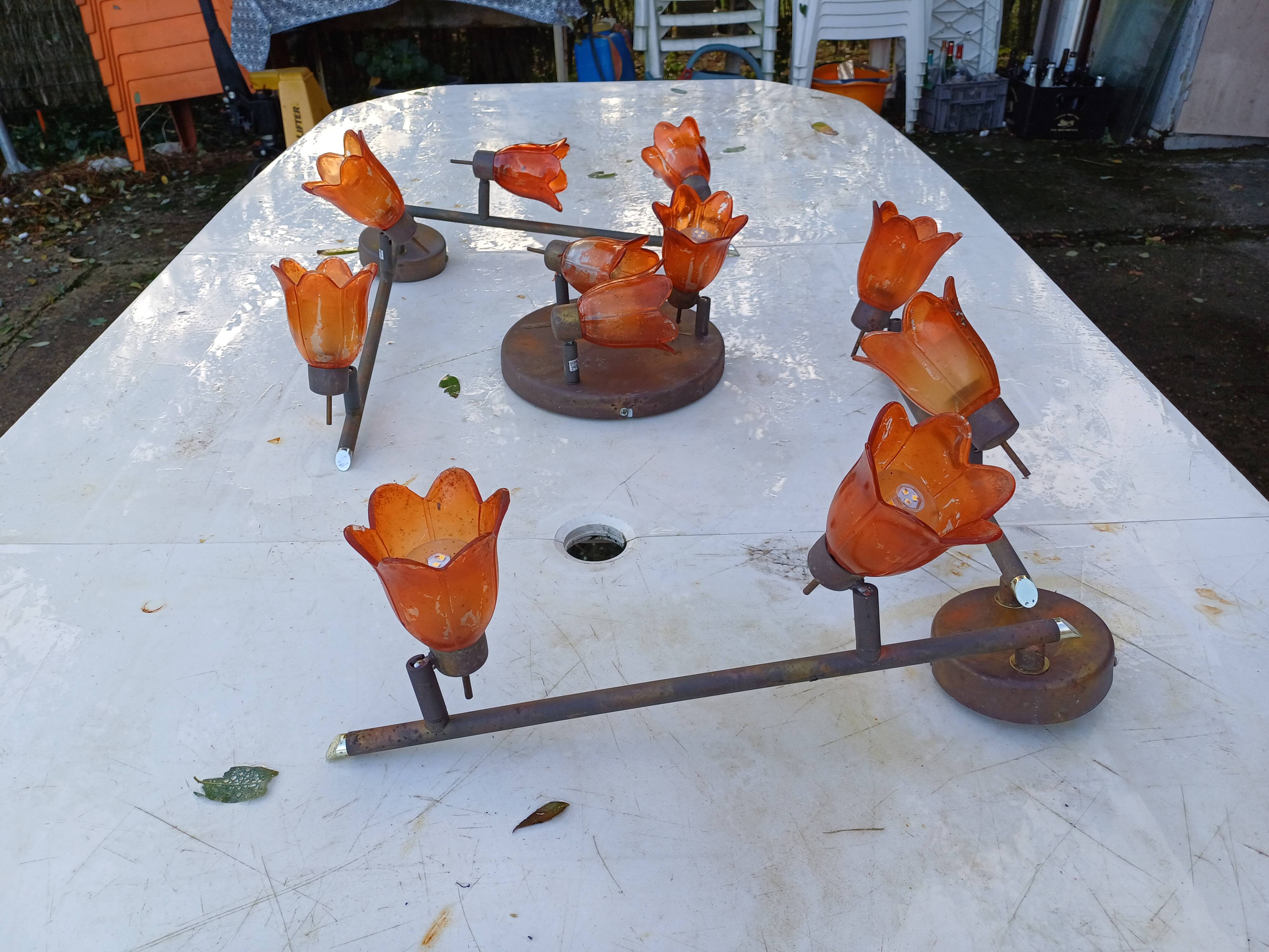 3 Vintage Gold Metal Glass Tulip Pendant Lights