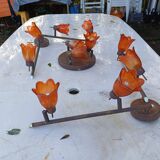 3 Vintage Gold Metal Glass Tulip Pendant Lights