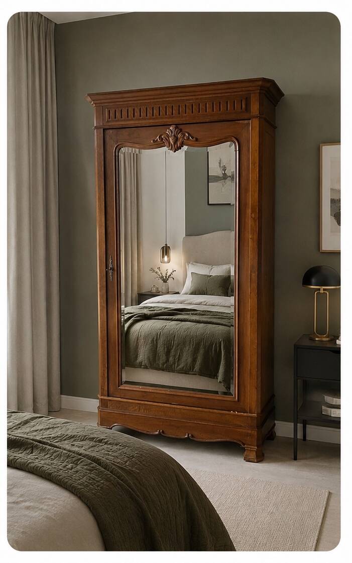 Antique Louis-Philippe walnut veneered wardrobe with an antique mirror.