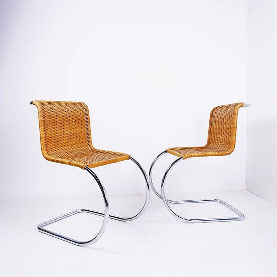 Pair of Cantilever chrome and Wicker Chairs Mies Van der Roye Style