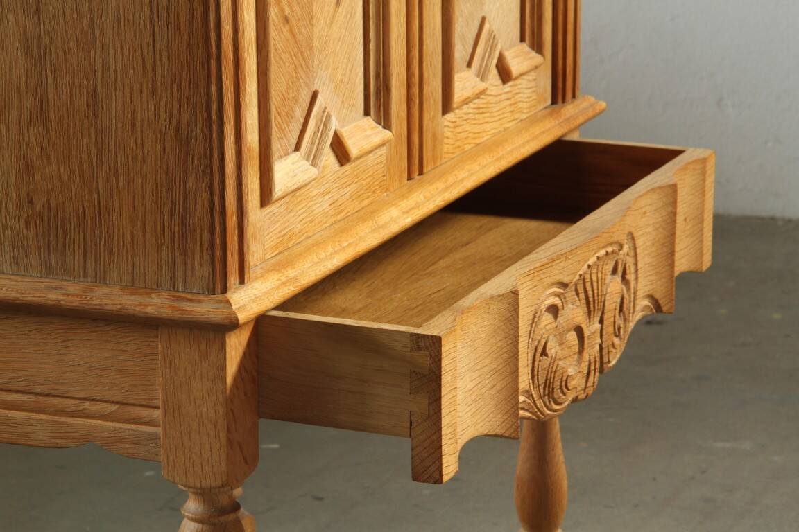 Vintage Danish Chevron Oak Cabinet, Henning Kjærnulf Baroque style, 1960s