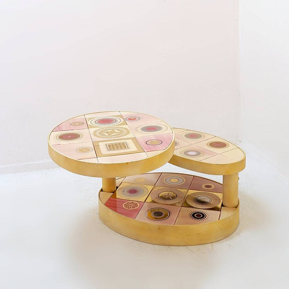 French pink ceramic swivel coffee table by Georges Pelletier, 1960s.