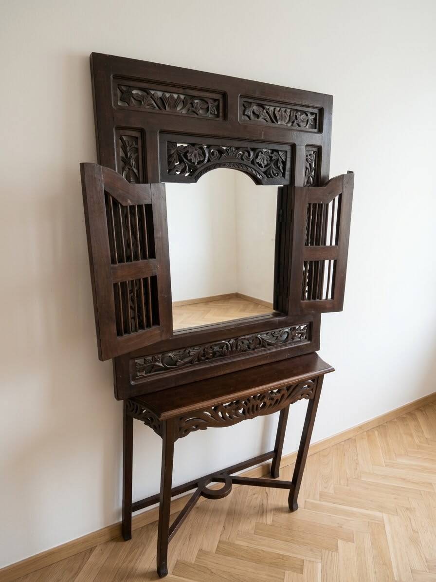 Wooden console set: console with integrated mirror.