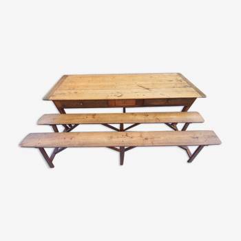 Ancienne table de ferme 248 cm et ses deux bancs