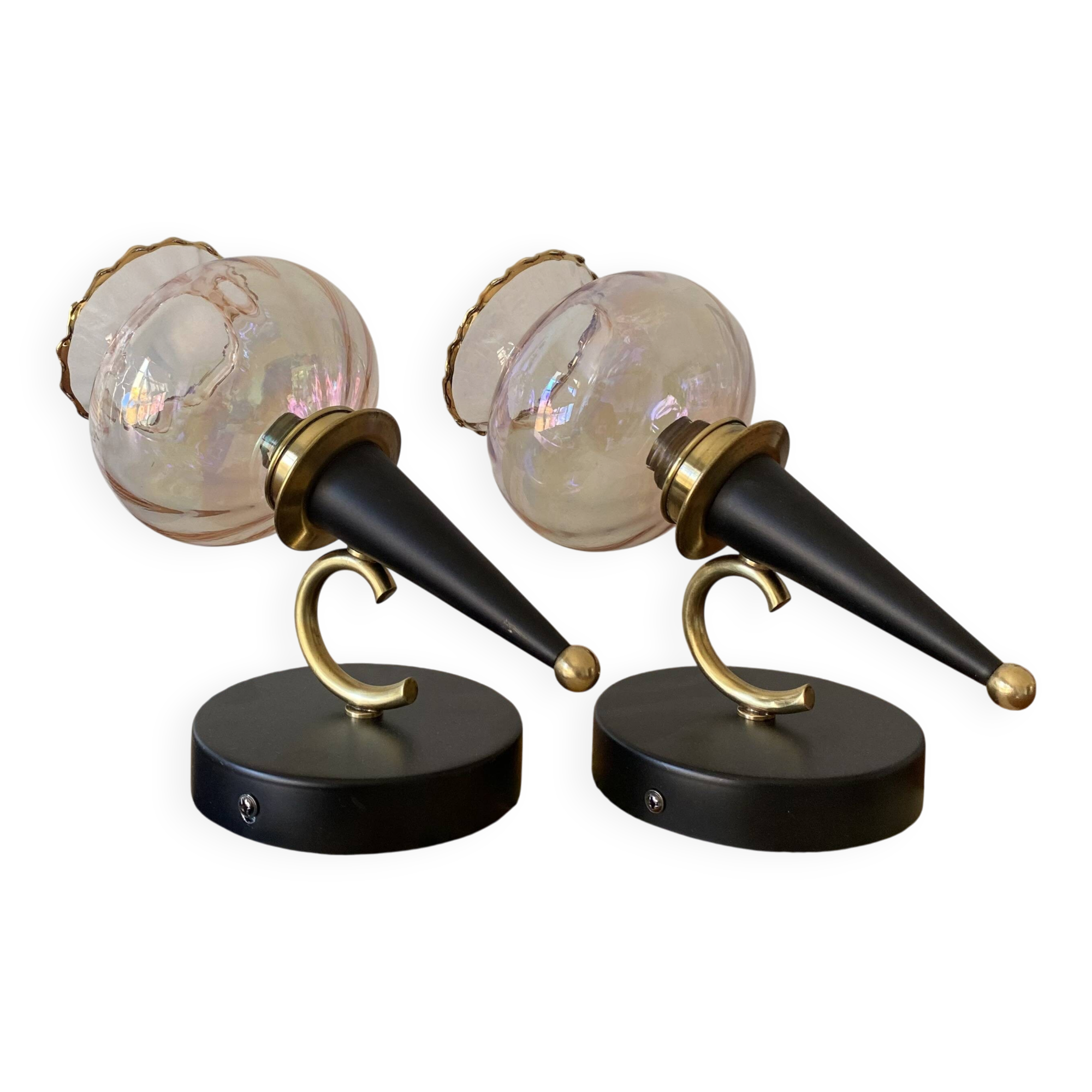 Pair of torch wall lights with iridescent pink glass shades and gold trim.