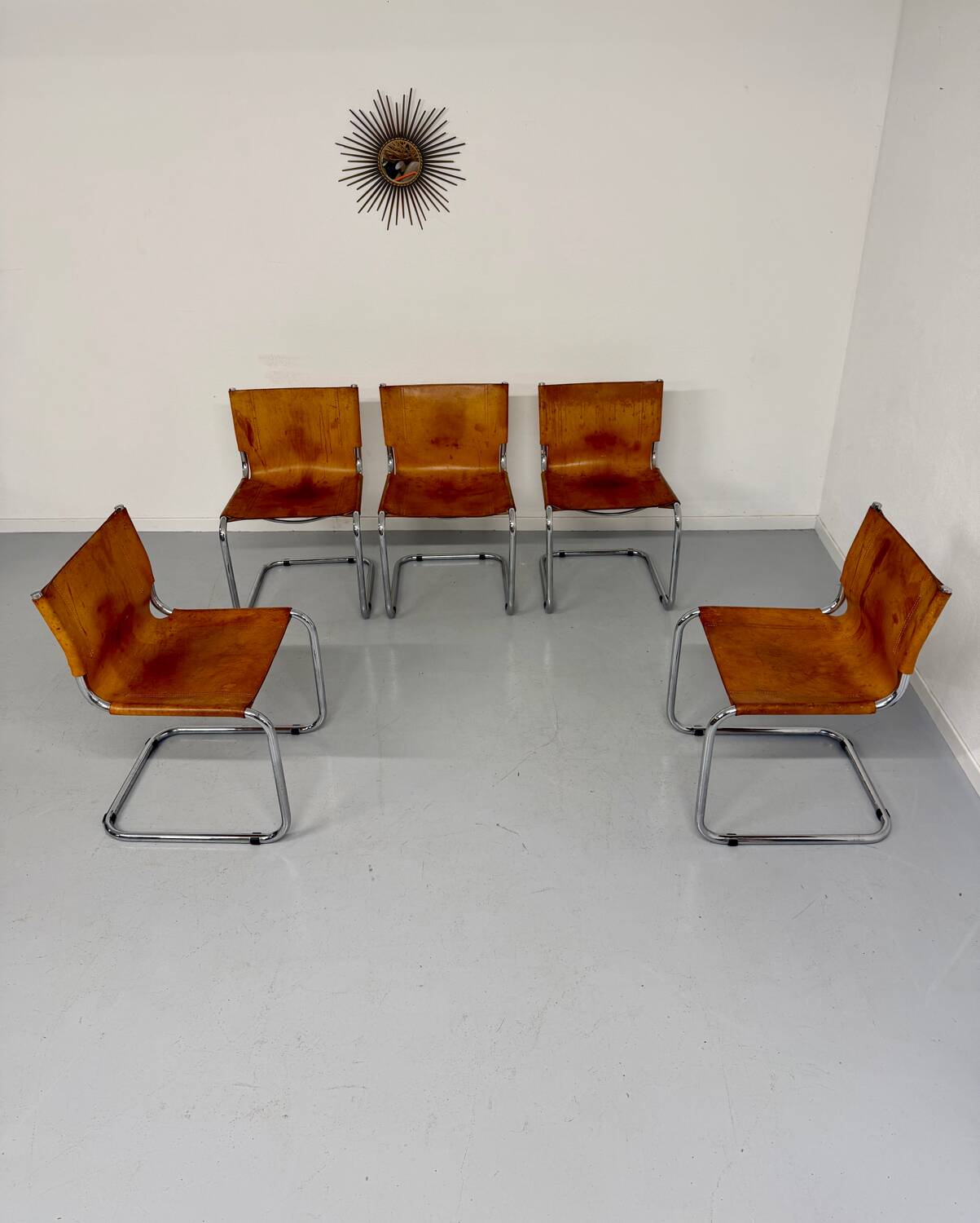 Lot of 5 tubular chairs Mart Stam edition Fasem vintage patinated leather