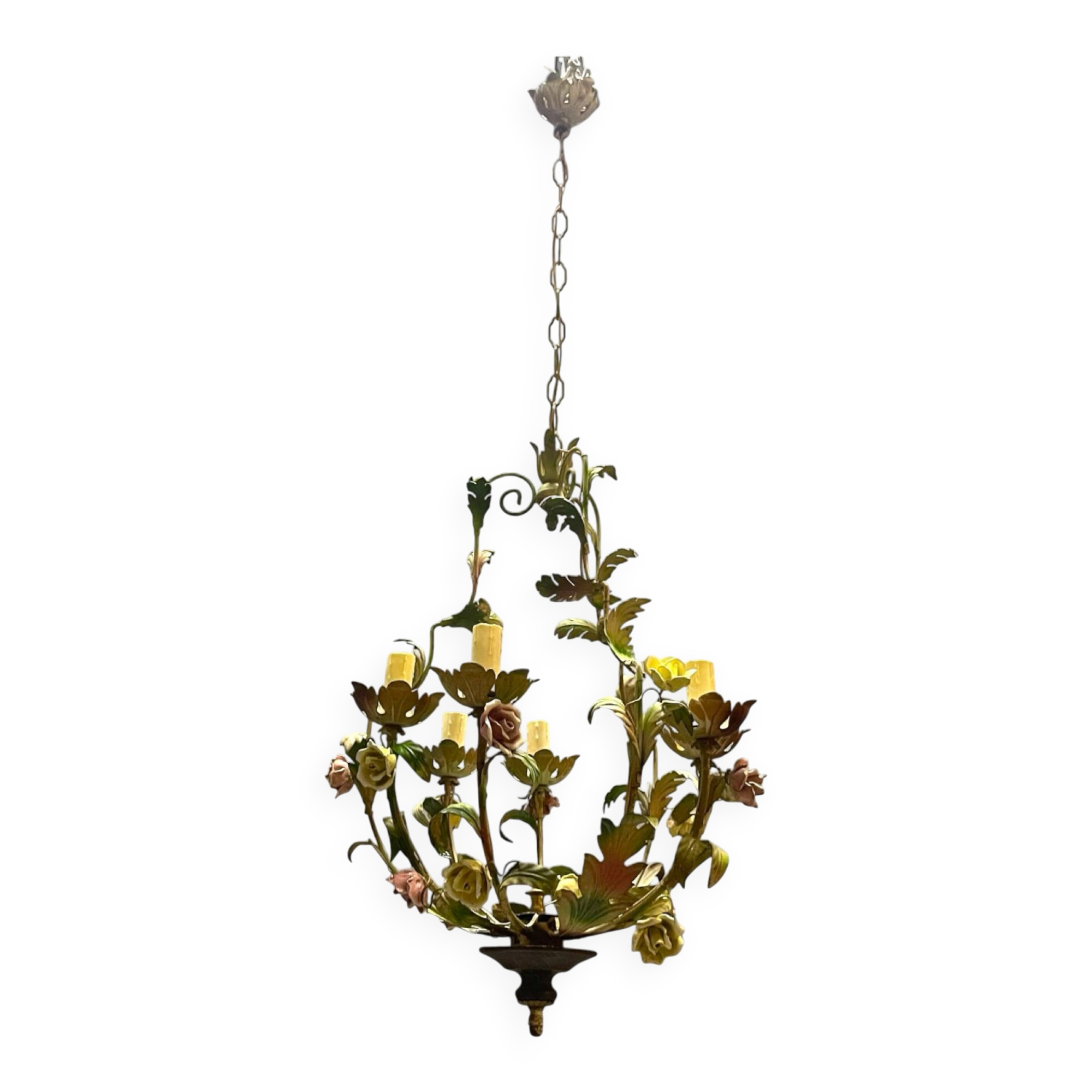 Tole Ceramic Flower Italian Chandelier 1960’s 
